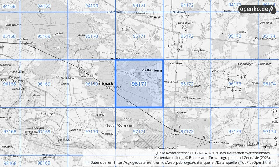 Übersichtskarte des KOSTRA-DWD-2020-Rasterfeldes Nr. 96171
