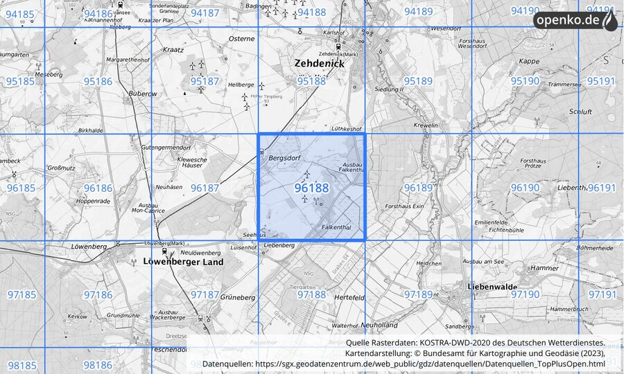 Übersichtskarte des KOSTRA-DWD-2020-Rasterfeldes Nr. 96188