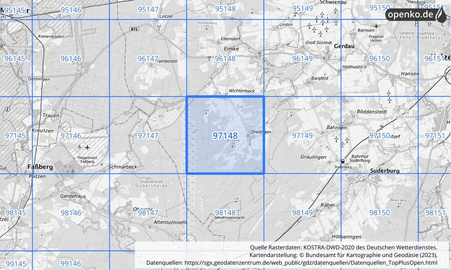 Übersichtskarte des KOSTRA-DWD-2020-Rasterfeldes Nr. 97148