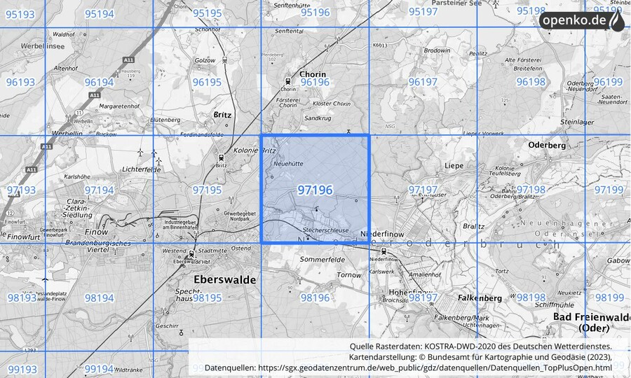Übersichtskarte des KOSTRA-DWD-2020-Rasterfeldes Nr. 97196