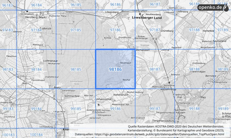 Übersichtskarte des KOSTRA-DWD-2020-Rasterfeldes Nr. 98186