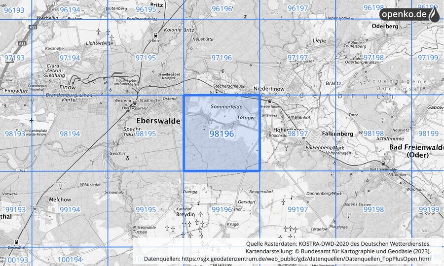 Übersichtskarte des KOSTRA-DWD-2020-Rasterfeldes Nr. 98196