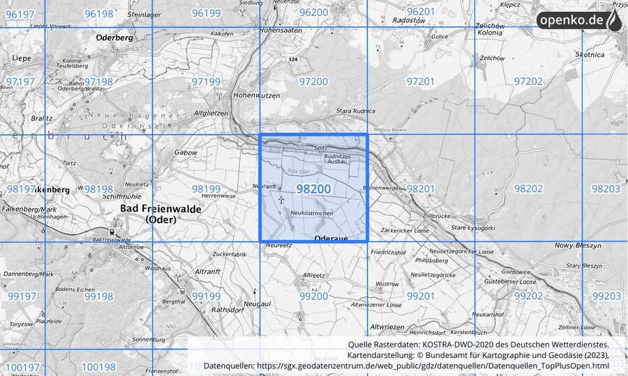 Übersichtskarte des KOSTRA-DWD-2020-Rasterfeldes Nr. 98200