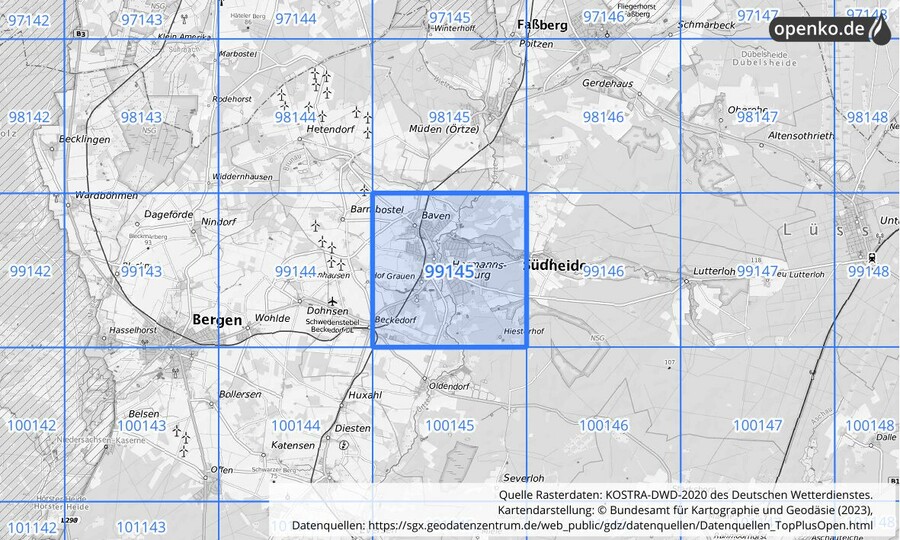 Übersichtskarte des KOSTRA-DWD-2020-Rasterfeldes Nr. 99145