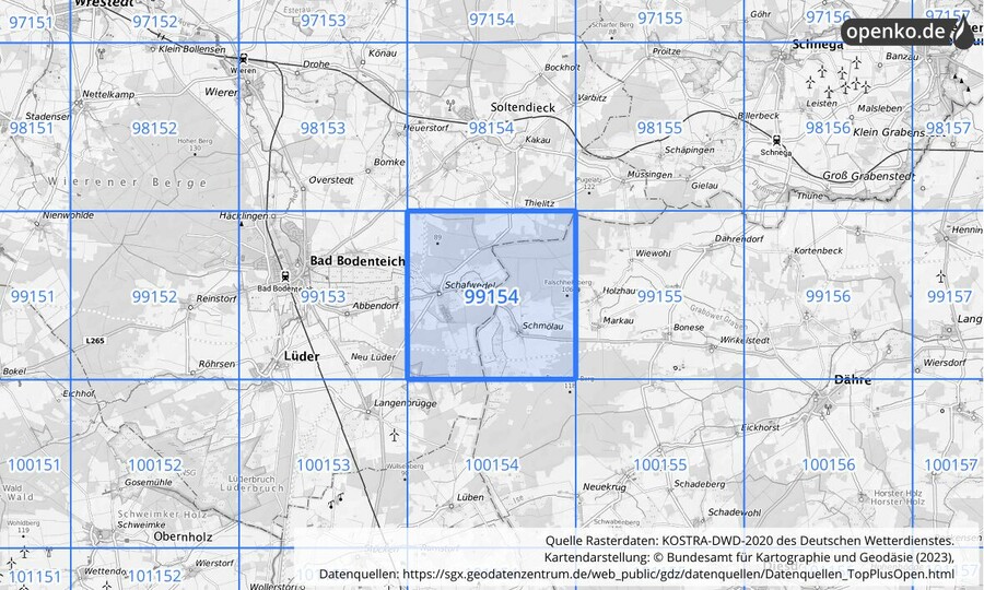 Übersichtskarte des KOSTRA-DWD-2020-Rasterfeldes Nr. 99154