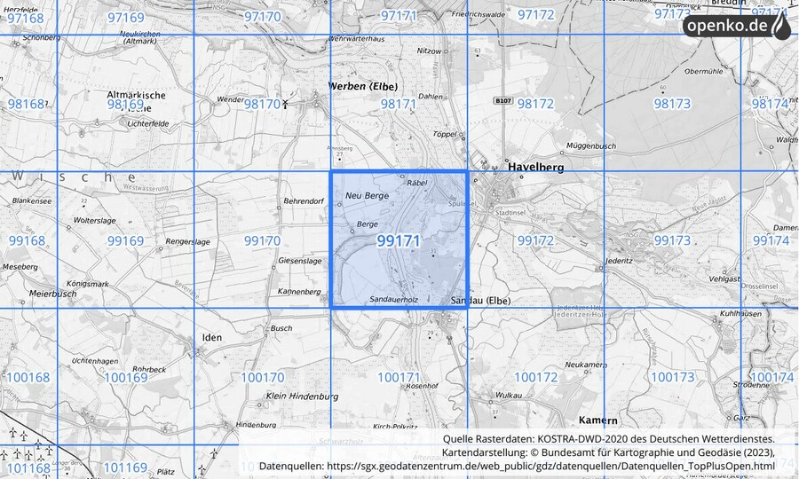 Übersichtskarte des KOSTRA-DWD-2020-Rasterfeldes Nr. 99171 Übersichtskarte des KOSTRA-DWD-2020-Rasterfeldes Nr. 99171