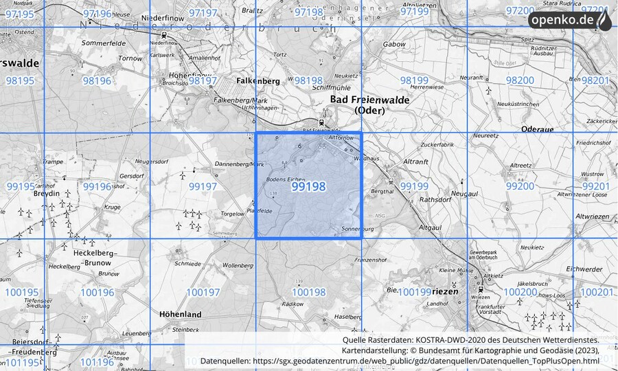 Übersichtskarte des KOSTRA-DWD-2020-Rasterfeldes Nr. 99198